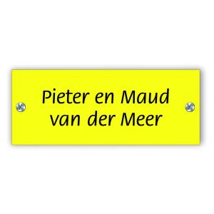 Kunststof naamplaatje tekst zwart 10x4cm geel