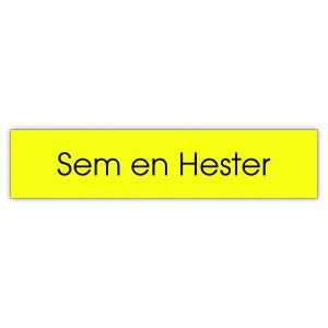 Kunststof naamplaatje tekst zwart 9x2cm geel