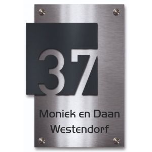 rvs naambord met zwart huisnummer